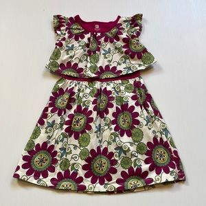 Tea cap sleeve off white with burgundy and green flowered dress, girls size 5